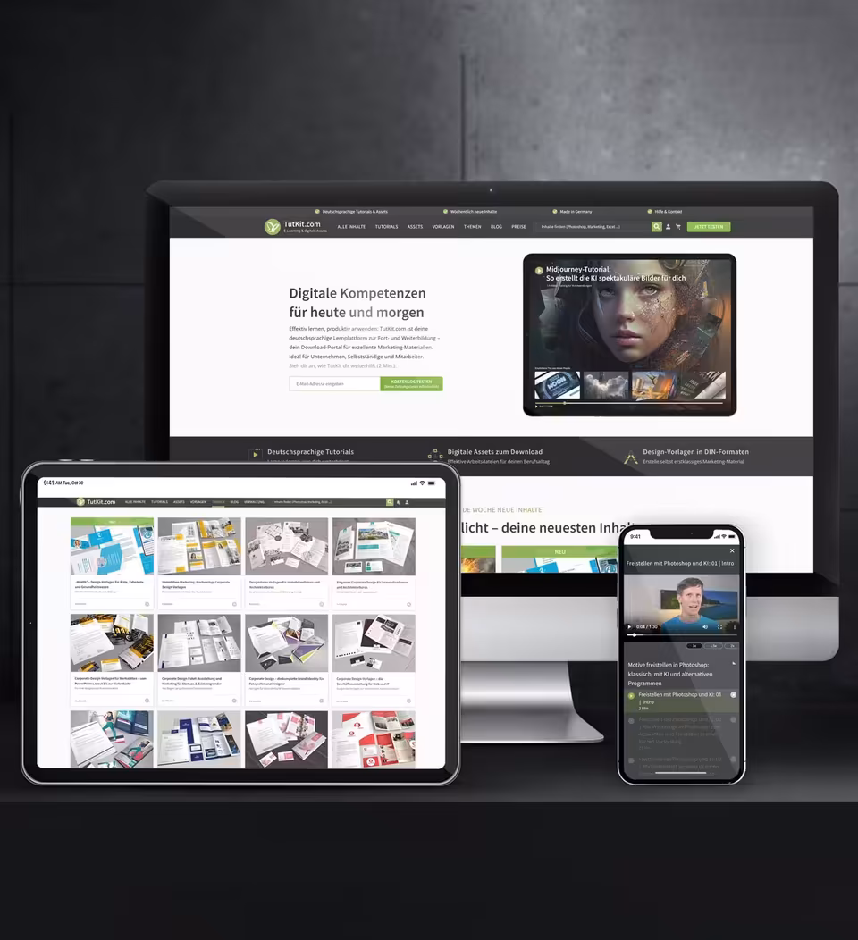 TutKit.com E-Learning-Plattform mit Abo- und E-Commerce-System auf Desktop, Tablet und Smartphone, entwickelt von 4eck Media mit Laravel
