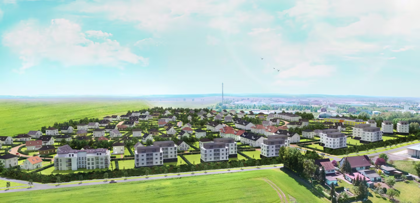 Visualisierung eines neuen Baugebietes mit bunten Platzhalterobjekten