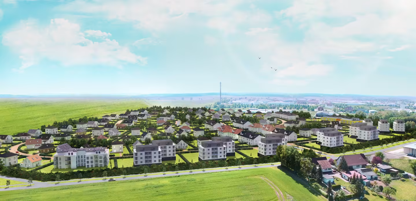 Visualisierung eines neuen Baugebietes mit bunten Platzhalterobjekten