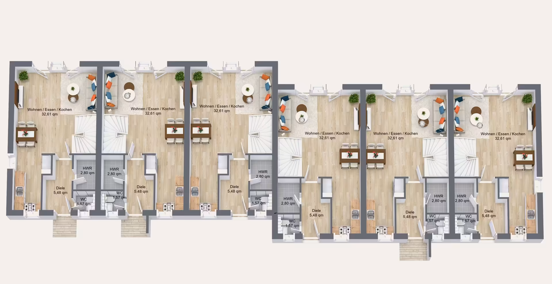 3D-Grundriss des Erdgeschosses von Reihenhäusern in Warensberg