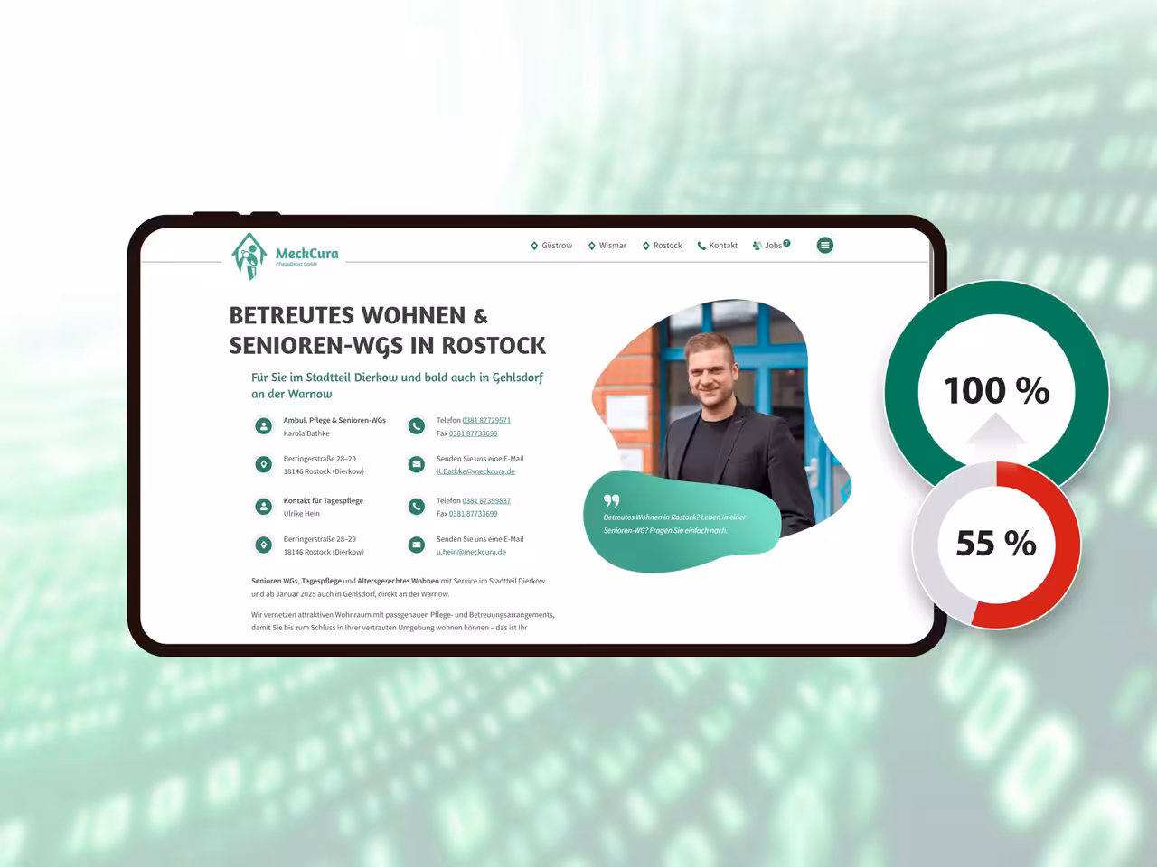 Beispiel der Webseite MeckCura, deren Barrierefreiheit von 55 % auf 100 % erhöht wurde