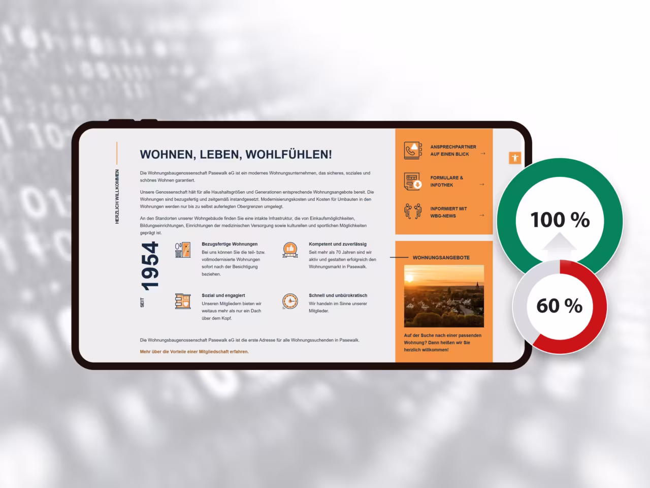Beispiel der Seiten der Wohnungsbaugenossenschaft Pasewalk eG, deren Barrierefreiheit von 60 % auf 100 % erhöht wurde