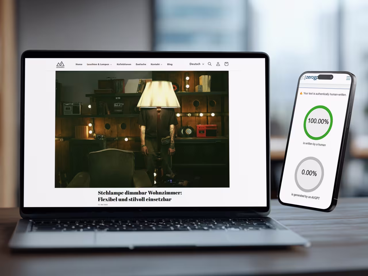 Content Management Transformation für Leuchtnatur: Designer-Lampen Blog mit neuer SEO-Strategie und AI-Content-Prüfung zeigt 100% menschlich erstellte Inhalte für authentisches Content Marketing