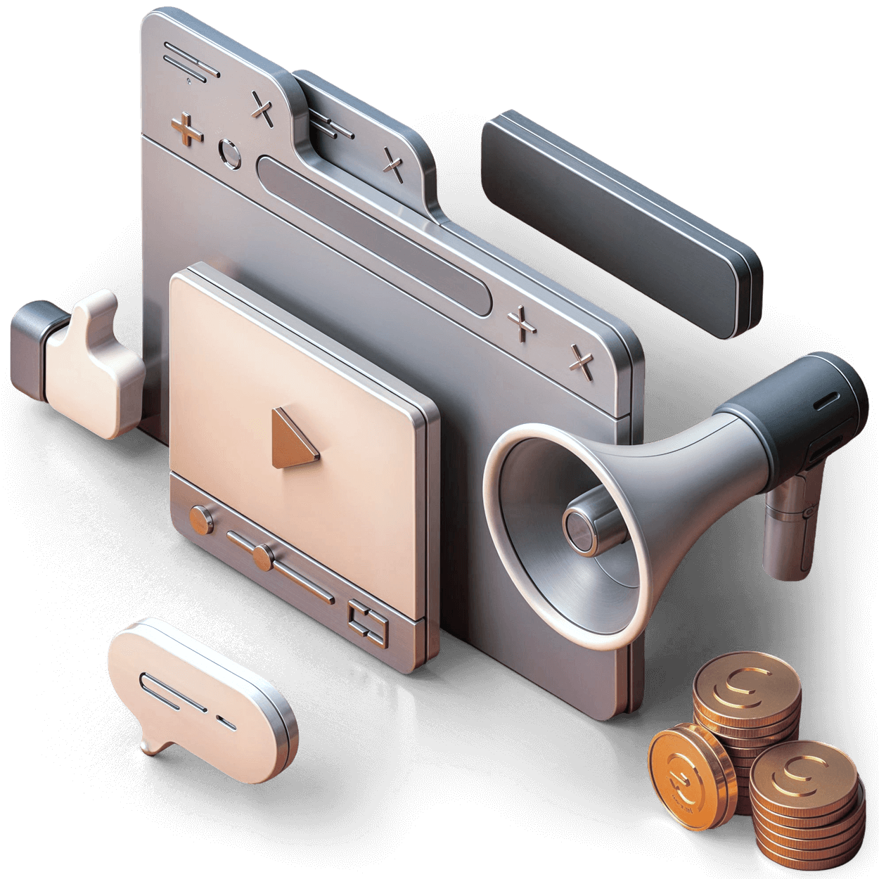 Digital Marketing Services Illustration - SEO, Content Marketing, Social Media und Online-Werbung Dienstleistungen als 3D-Bausteine mit Münzen symbolisieren ganzheitliche Online Marketing Strategie