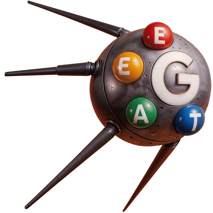 EEAT-Optimierung Illustration: Steampunk-Gerät mit bunten Kugeln symbolisiert Expertise, Experience, Authoritativeness und Trustworthiness für bessere Google Rankings