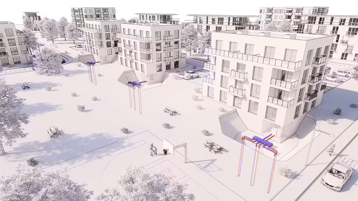 Erdsonden und Geothermie - visualisiert als Architekturrendering