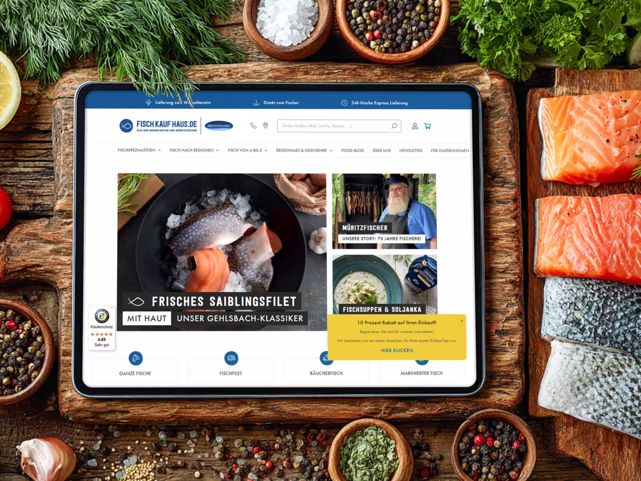 Fischkaufhaus.de SEO Betreuung Referenz - Erfolgreicher Online-Shop für frischen Fisch auf Tablet mit natürlichen Zutaten durch kontinuierliche SEO Optimierung