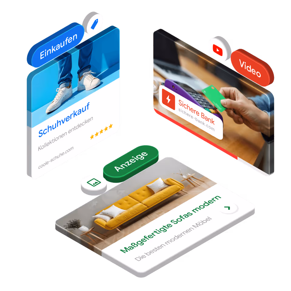 Google Ads Formate – Shopping-Anzeigen für Einkaufen, YouTube Video-Werbung, Display-Anzeigen und Suchanzeigen für maximale Reichweite