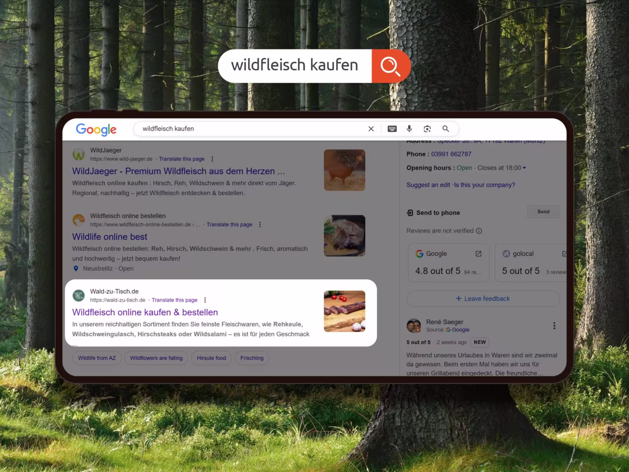 Google Top Ranking für "wildfleisch kaufen" - Content Marketing Agentur SEO Erfolg bei Wald-zu-Tisch.de