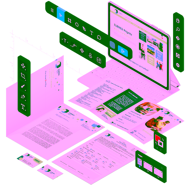 Grafik und Visualisierung Services Übersicht - Isometrische Darstellung von Corporate Design, Print-Materialien, Webdesign und Design-Tools zeigt ganzheitliches Grafikdesign von der Visitenkarte bis zur Website mit einheitlicher visueller Identität