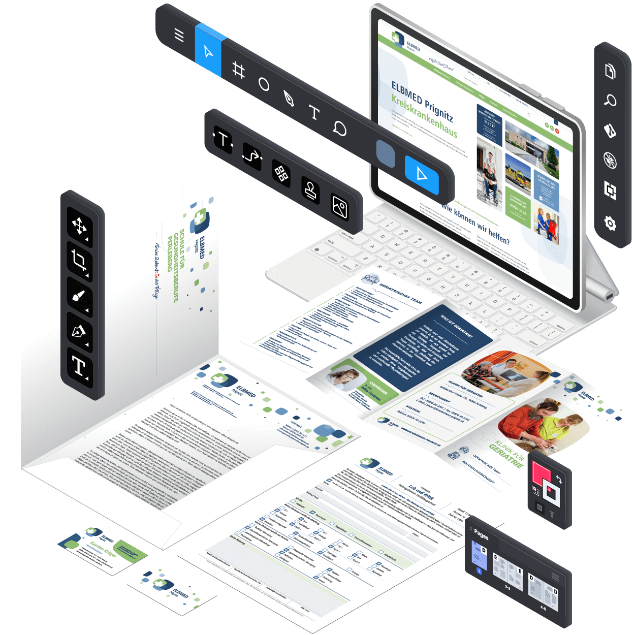 Grafik und Visualisierung Services Übersicht - Isometrische Darstellung von Corporate Design, Print-Materialien, Webdesign und Design-Tools zeigt ganzheitliches Grafikdesign von der Visitenkarte bis zur Website mit einheitlicher visueller Identität