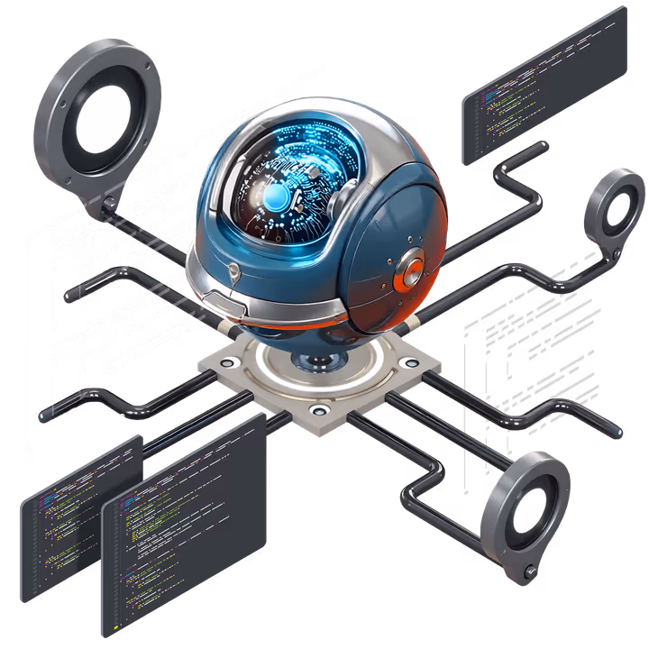 KI-Optimierung für LLM und GEO: Futuristischer Crawler-Bot analysiert Code und Datenstrukturen für bessere Sichtbarkeit in ChatGPT und Claude