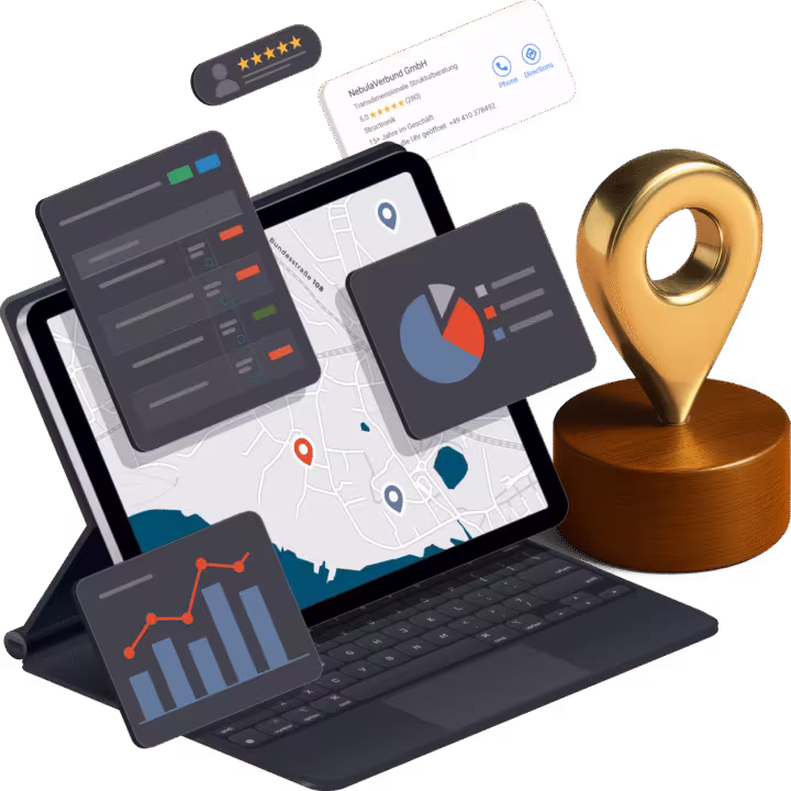 Local SEO Beratung und lokales SEO: Analytics Dashboard mit Performance-Metriken für regionale Suchmaschinenoptimierung von 4eck Media