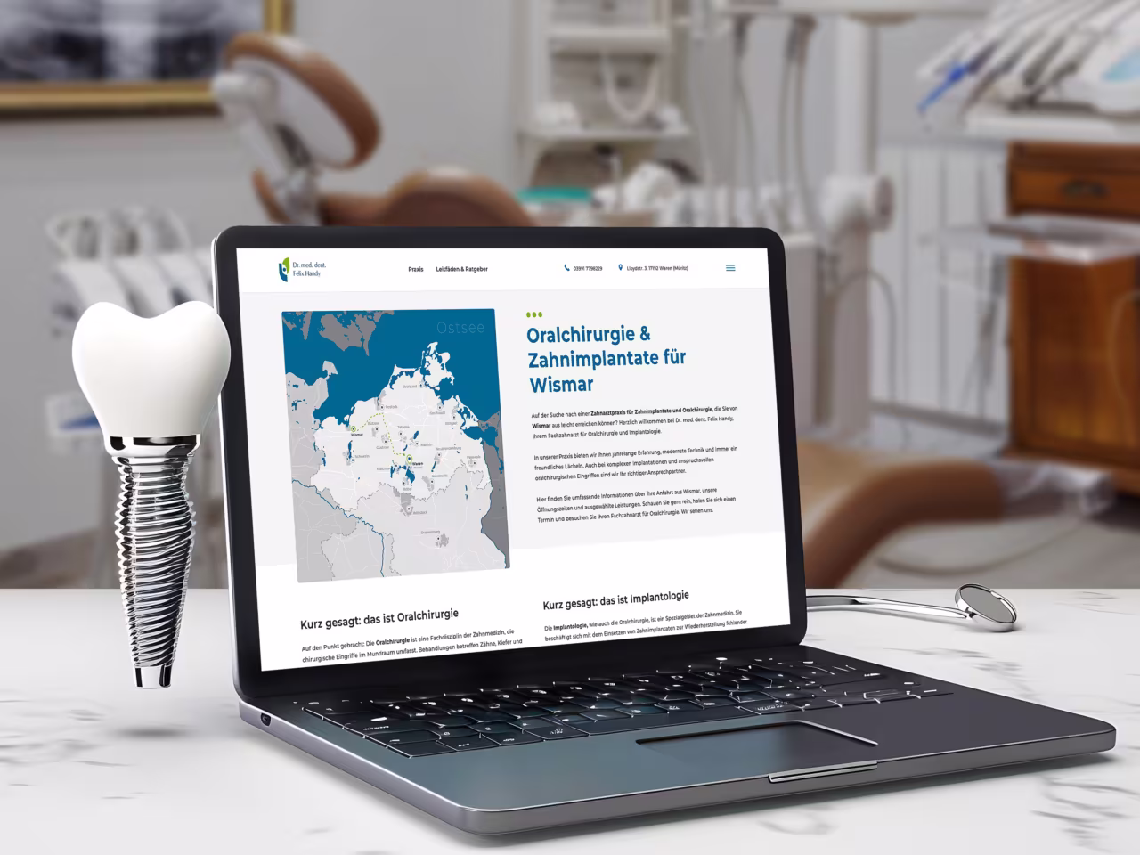 Lokale Landingpage erstellen lassen für Dr. Felix Handy: Zahnarzt-Seite für Wismar mit Zahnimplantat-Visualisierung, regionaler Karte und Local SEO-Optimierung
