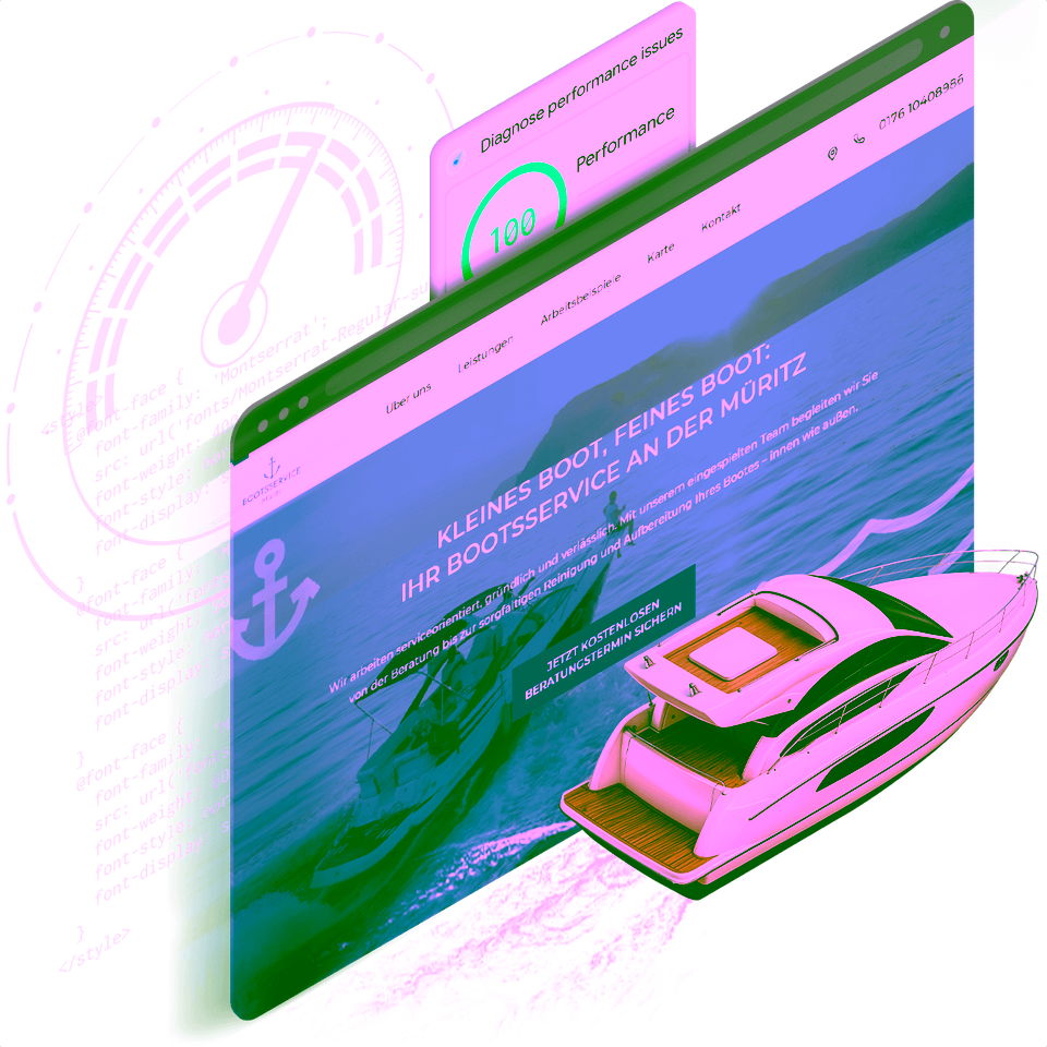 PageSpeed Optimierung Referenz - Bootsservice Müritz Website mit perfektem Google Performance Score 100 und optimalen Core Web Vitals zeigt erfolgreiche technische SEO-Optimierung und blitzschnelle Ladezeiten