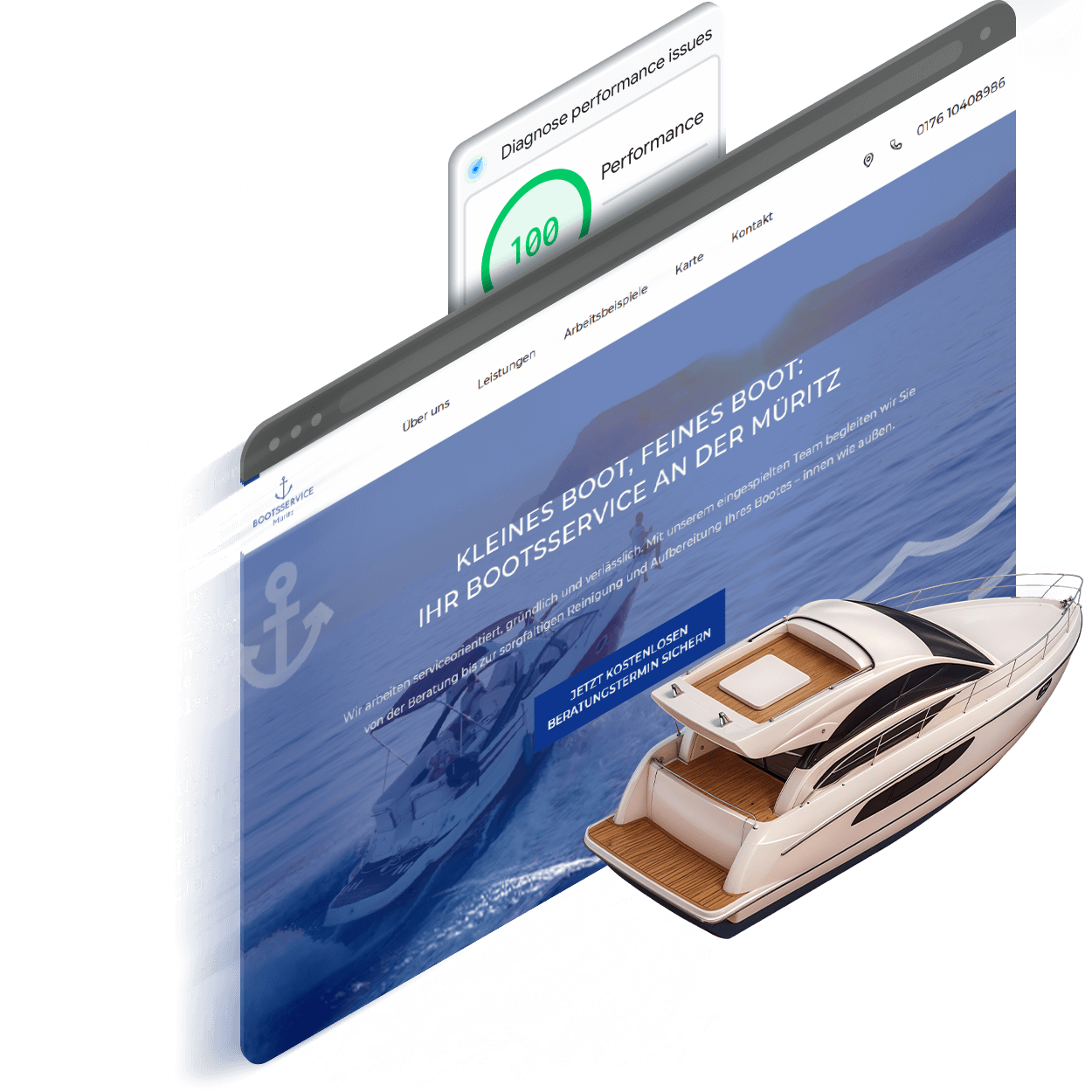 PageSpeed Optimierung Referenz - Bootsservice Müritz Website mit perfektem Google Performance Score 100 und optimalen Core Web Vitals zeigt erfolgreiche technische SEO-Optimierung und blitzschnelle Ladezeiten