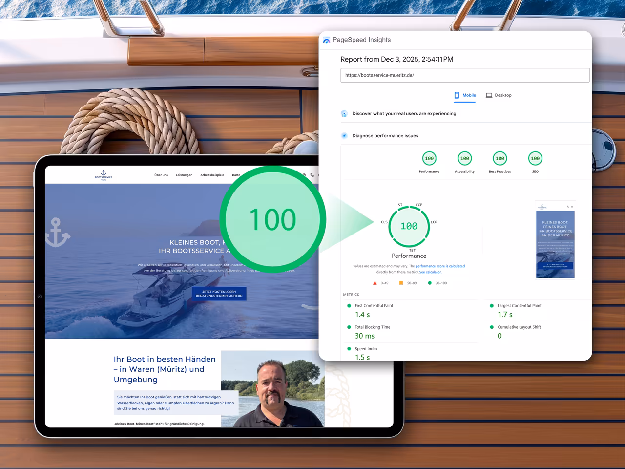 PageSpeed 100 mobile für OnePager für Bootsservice