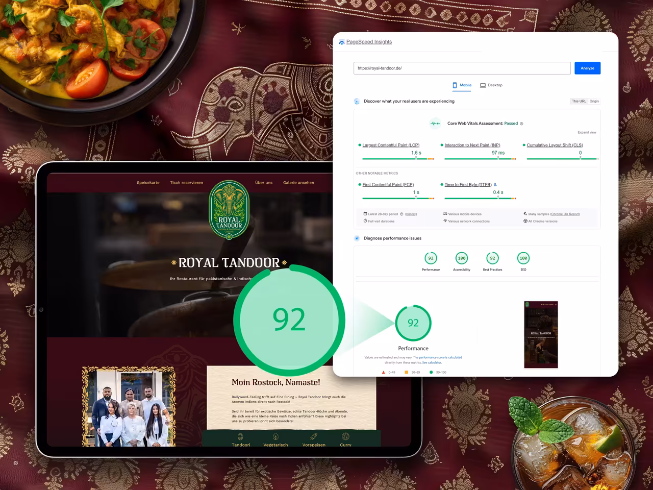 Google PageSpeed Insights Analyse für indisches Restaurant Royal Tandoor mit Performance-Score 92 und grünen Core Web Vitals Werten