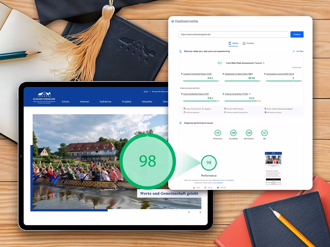 PageSpeed Insights Ergebnis für Schloss Torgelow Schul-Website mit exzellentem Performance-Score 98 und optimierten Core Web Vitals
