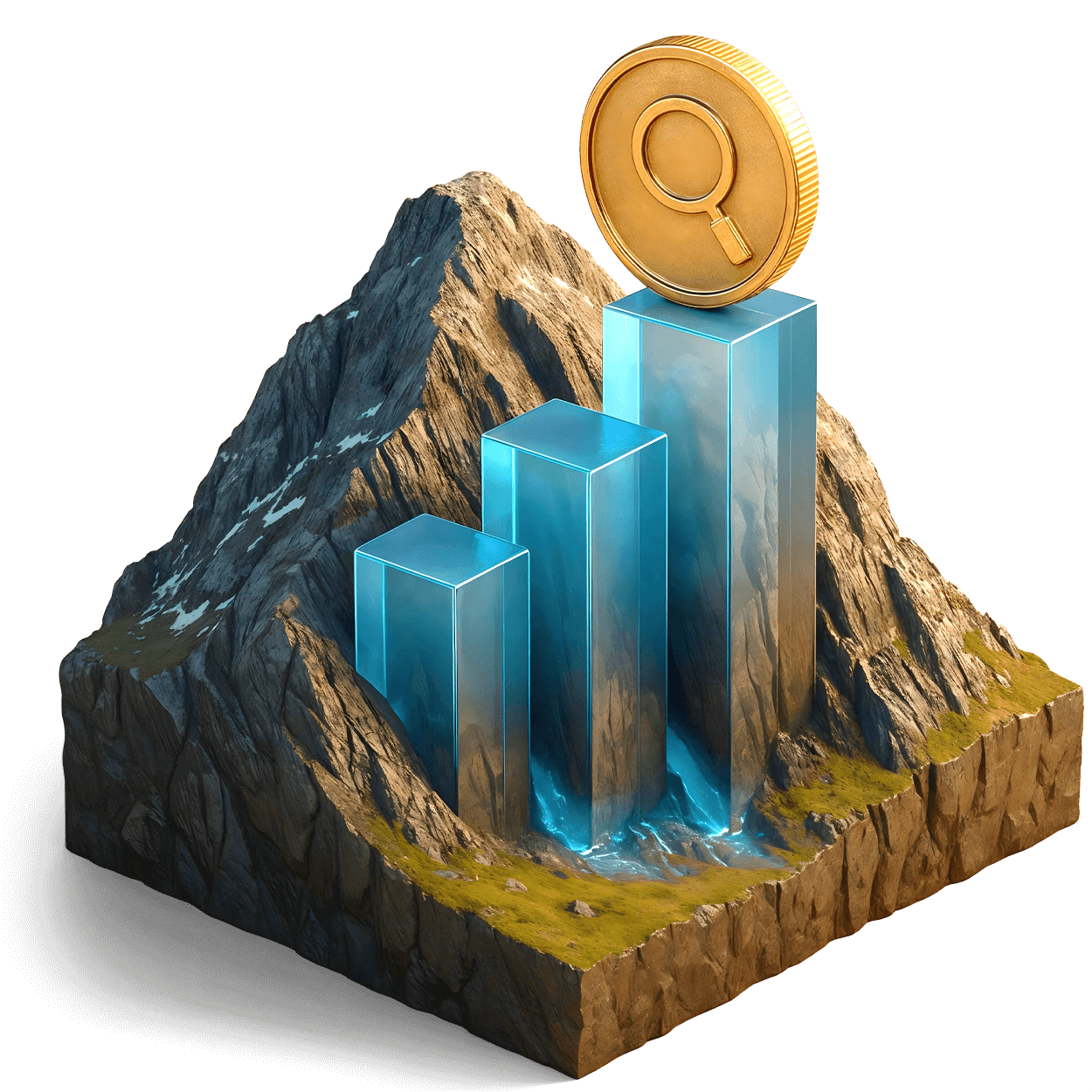 SEO Agentur Erfolg visualisiert - Berglandschaft mit aufsteigenden Säulen und goldener Suchlupen-Münze symbolisiert den Aufstieg zu Top-Google-Rankings durch professionelle Suchmaschinenoptimierung von 4eck Media