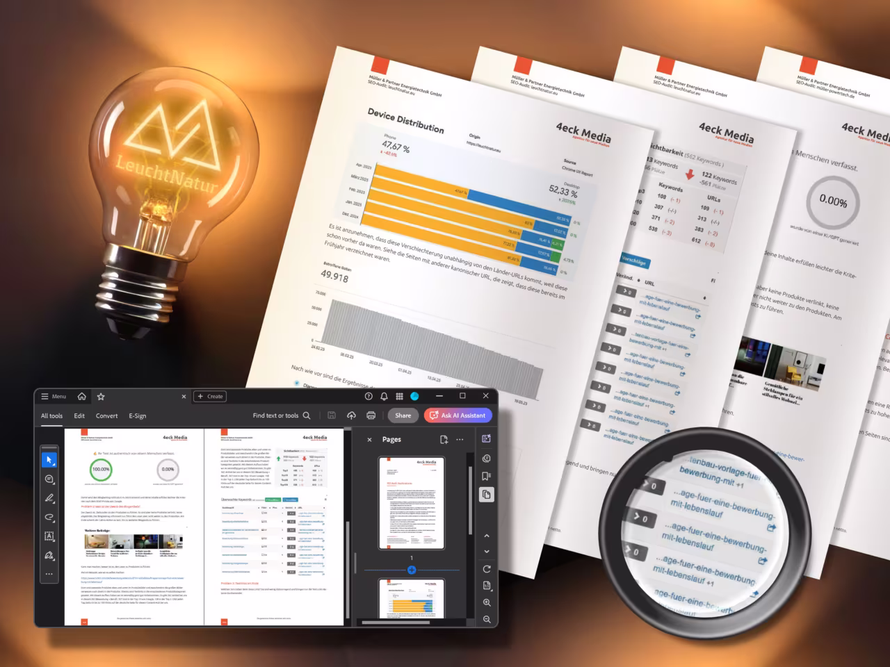 Leuchtende Glühbirne mit SEO-Analytics - kreative Lösungen für bessere Google-Rankings