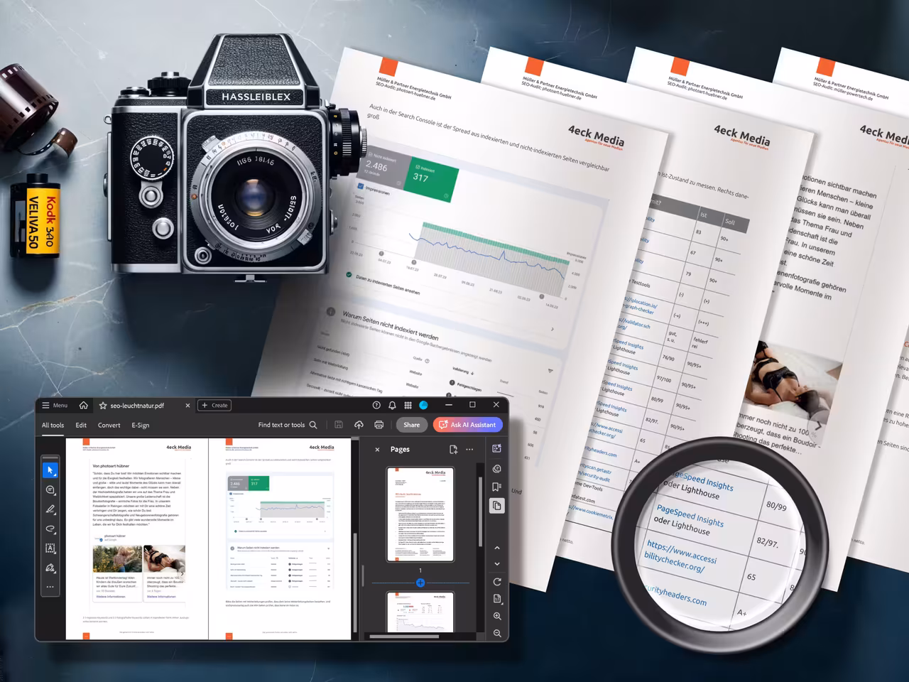 Vintage Kamera mit Technical SEO Report - detaillierte Website-Analyse für bessere Sichtbarkeit