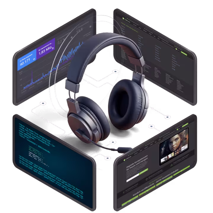 Gaming-Headset umgeben von Tablets mit SEO-Analytics, Website-Performance Dashboards und Code-Editoren zeigt professionelle SEO-Beratung und Consulting Services