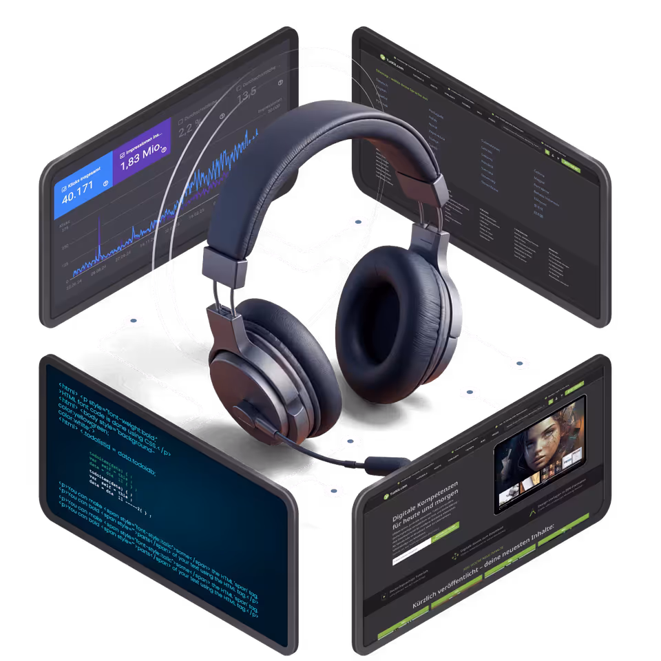 Gaming-Headset umgeben von Tablets mit SEO-Analytics, Website-Performance Dashboards und Code-Editoren zeigt professionelle SEO-Beratung und Consulting Services