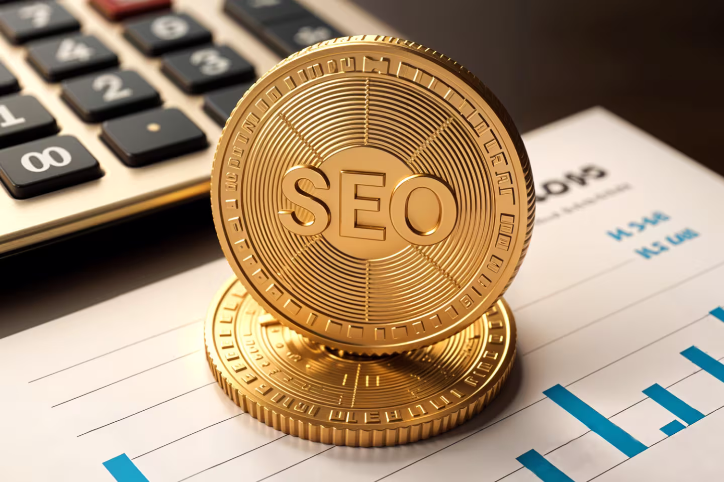SEO Betreuung Kosten - Goldene SEO-Münzen auf Finanzdiagramm symbolisieren Investition in laufende monatliche Suchmaschinenoptimierung