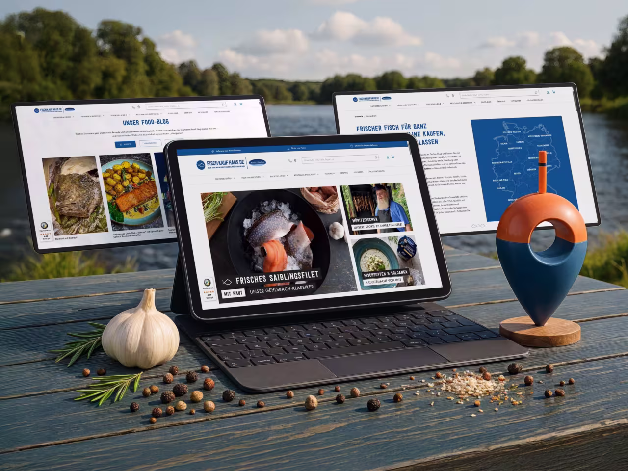 Fischkaufhaus Website auf Tablets am See - 60% Traffic-Steigerung durch SEO-Optimierung von 4eck Media