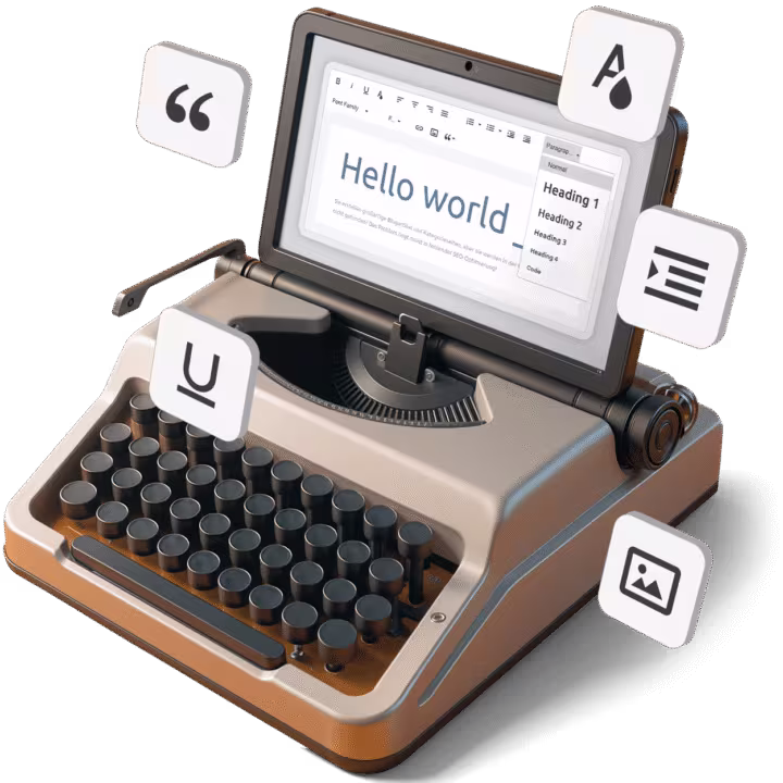 SEO Content Analyse und Text SEO optimieren: Vintage Schreibmaschine mit Content-Icons symbolisiert professionelle Bilder SEO und Content-Optimierung von 4eck Media