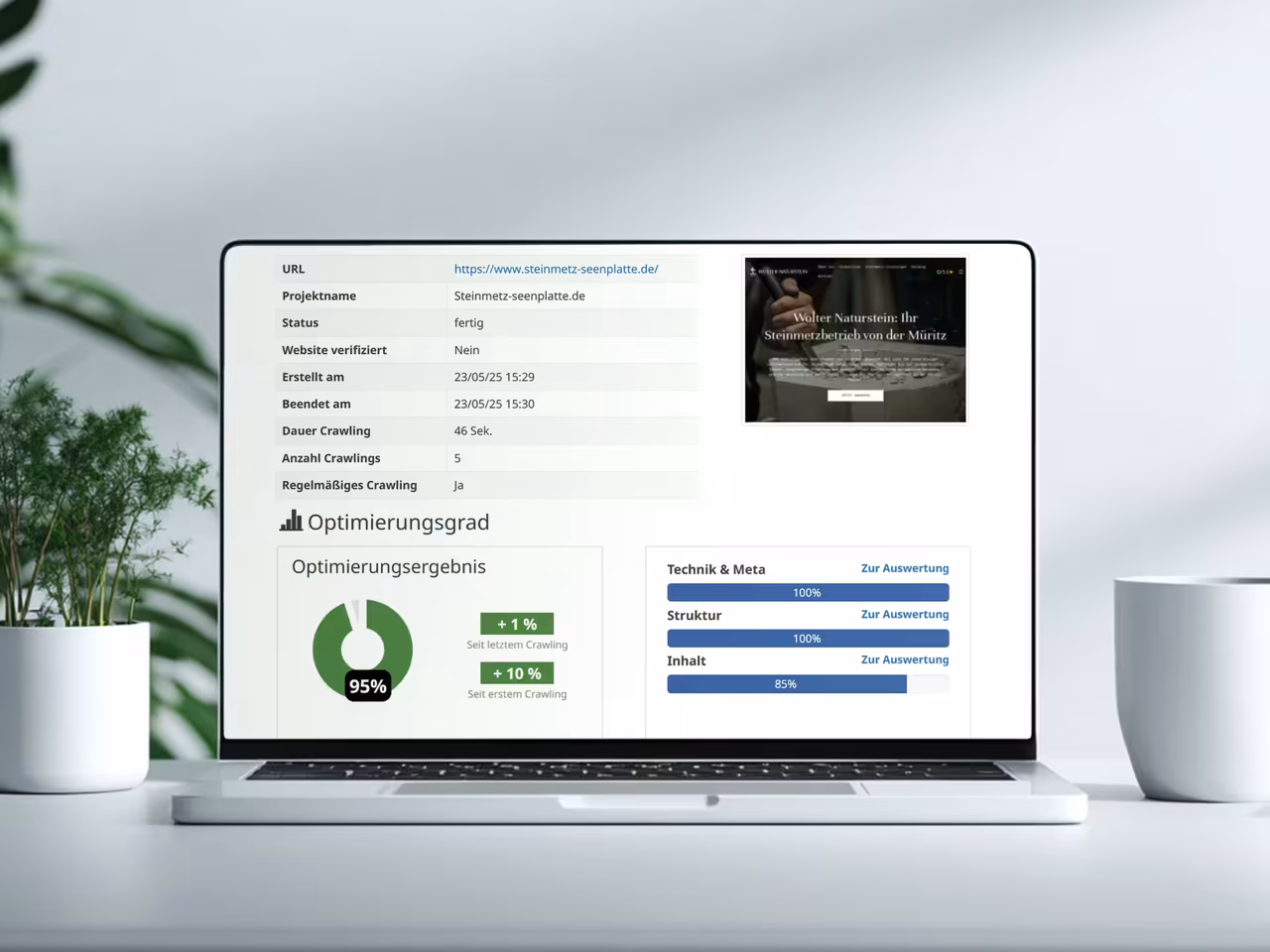 SEO-Dashboard zeigt 95% Optimierungsgrad für steinmetz-seenplatte.de mit 10% Verbesserung seit letztem Crawling und 100% Optimierung in Technik, Struktur sowie 85% bei Inhalt