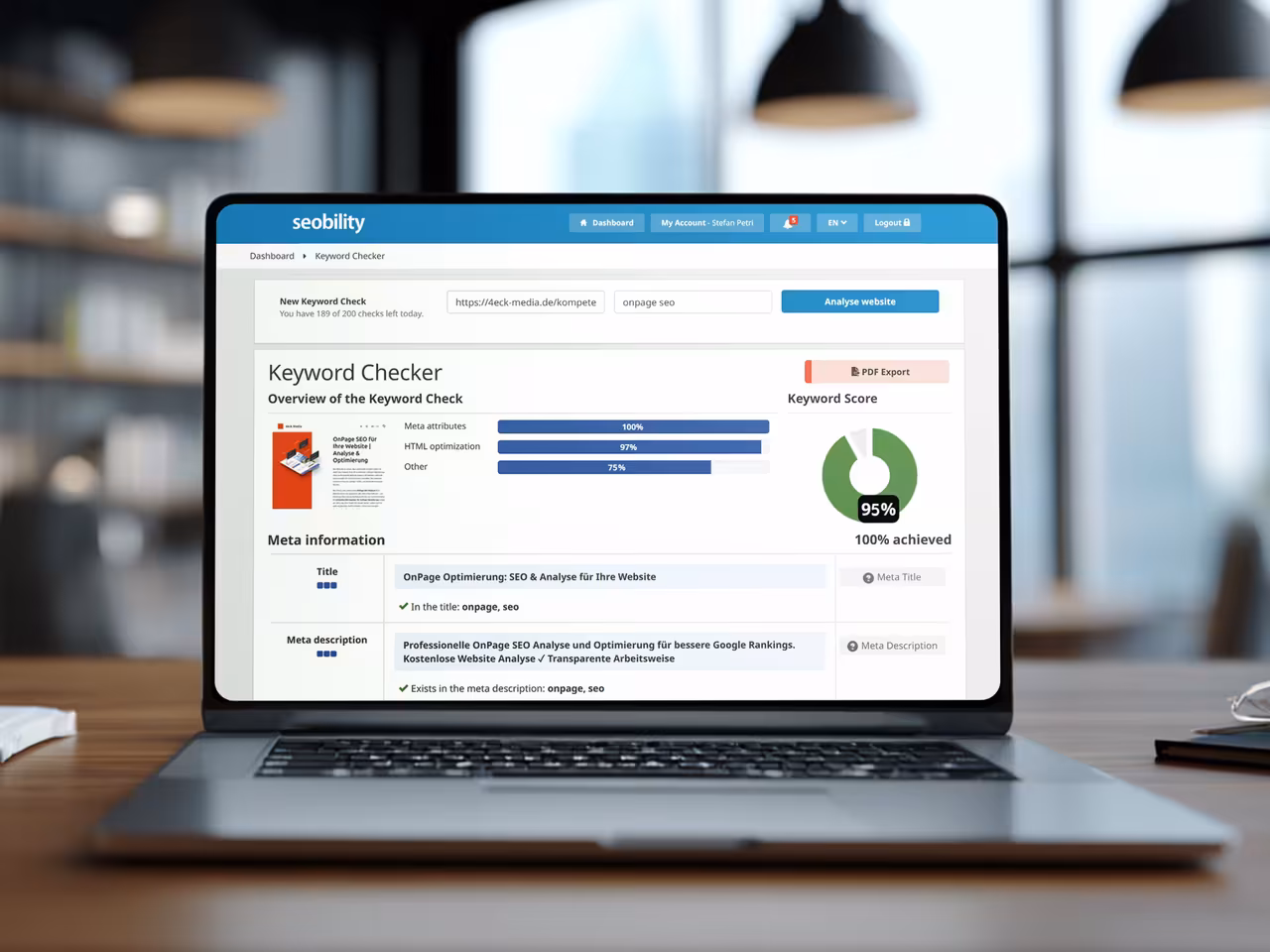 Content-SEO und technisches SEO Prüfung mit 95% Keyword Score für optimierte OnPage SEO Analyse