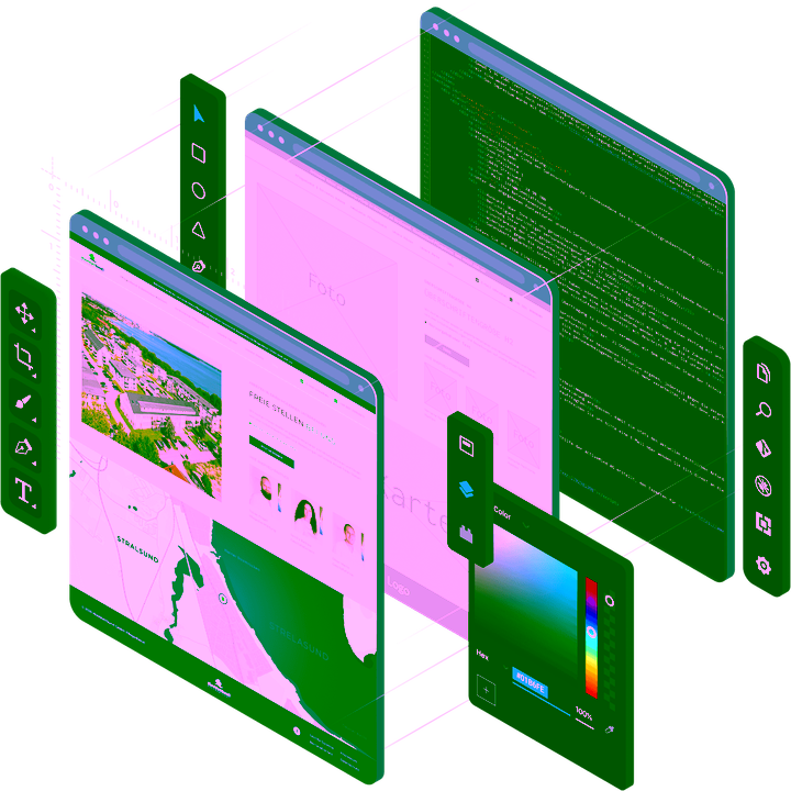 UI/UX und Webentwicklung Prozess - Isometrische Darstellung von Design-Tools, Wireframes, Code-Editor und fertigen Websites zeigt kompletten Entwicklungsprozess von der Konzeption über Frontend-Design bis zur Backend-Programmierung durch 4eck Media