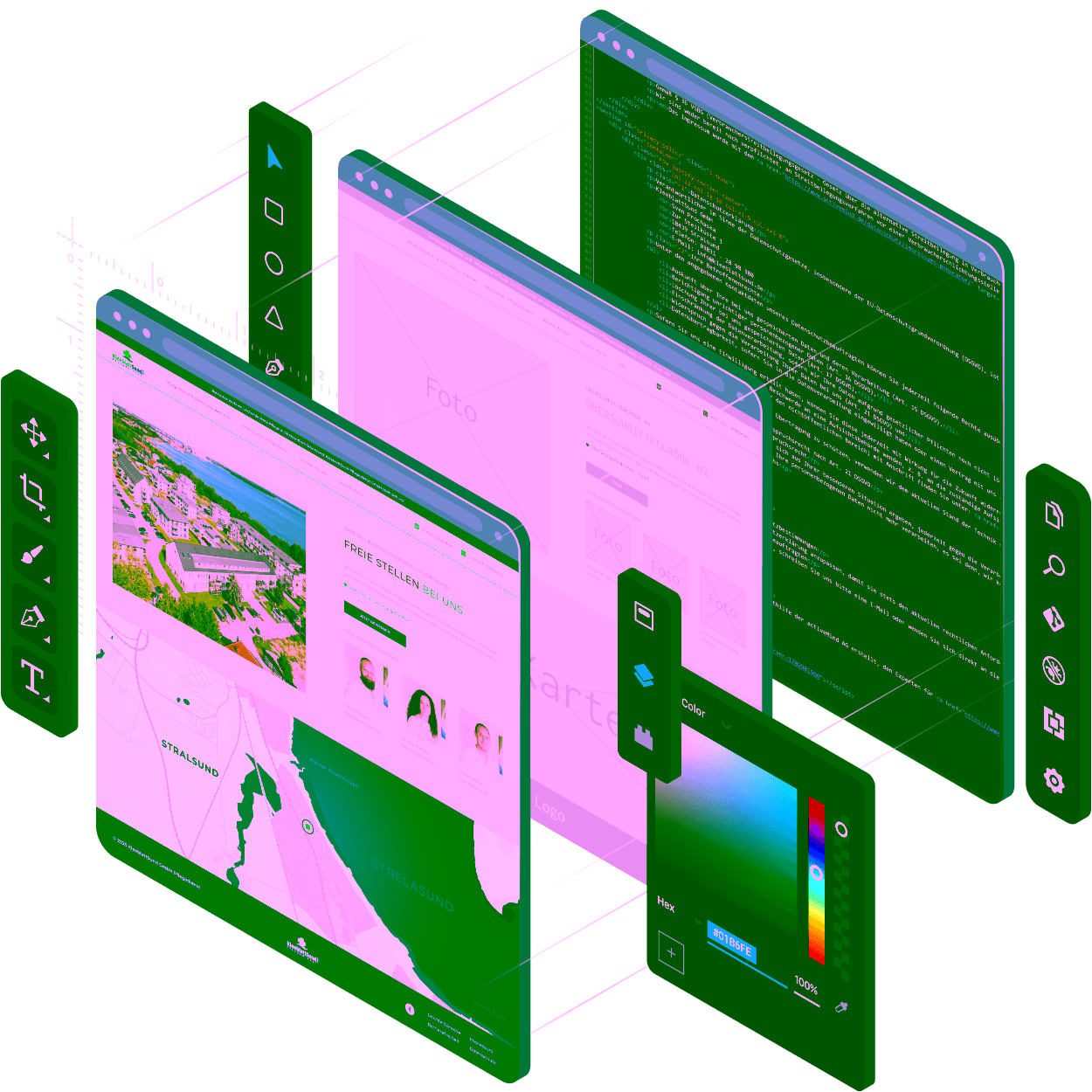 UI/UX and Web Development Process - Isometric representation of design tools, wireframes, code editor, and completed websites shows the complete development process from conception through frontend design to backend programming by 4eck Media.