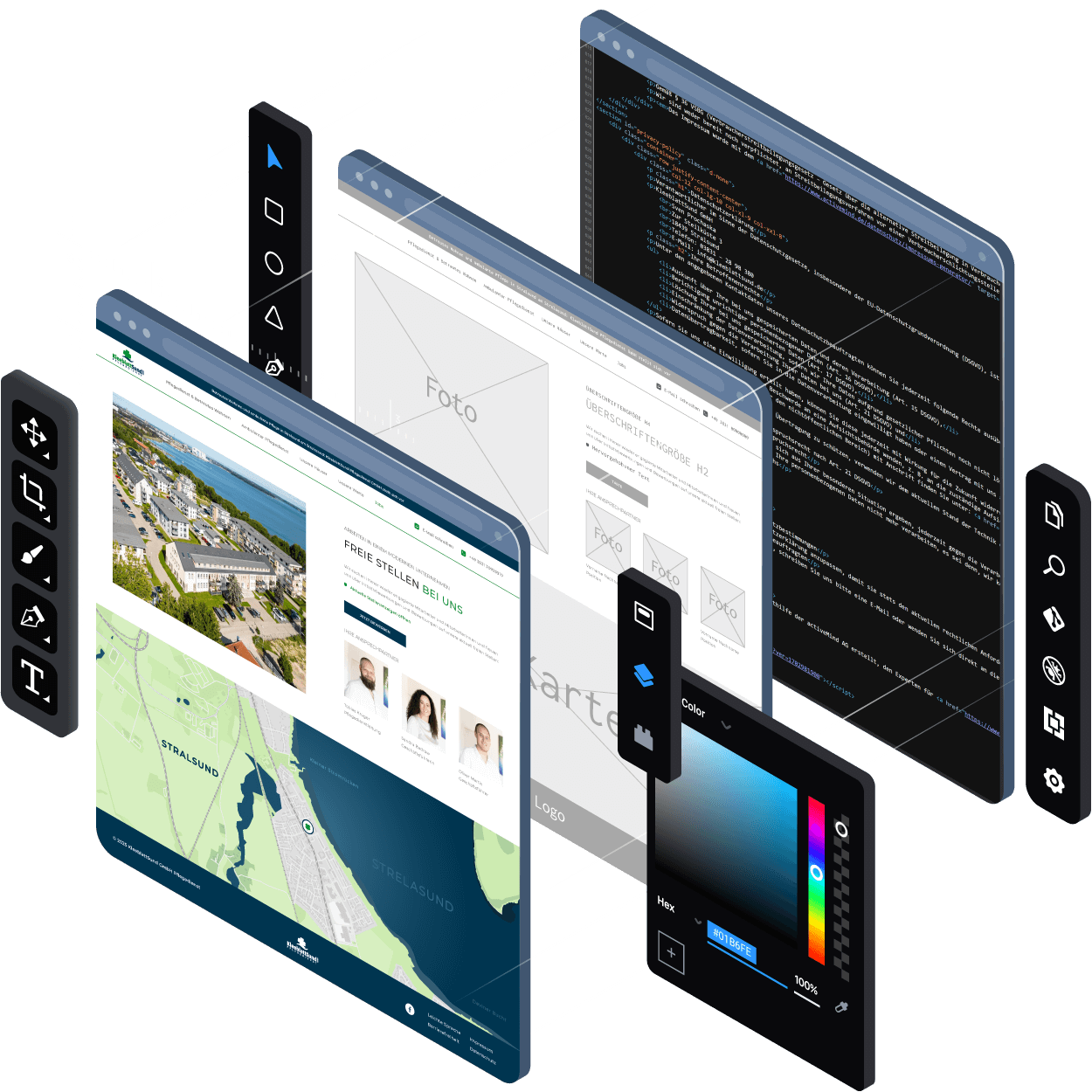 UI/UX und Webentwicklung Prozess - Isometrische Darstellung von Design-Tools, Wireframes, Code-Editor und fertigen Websites zeigt kompletten Entwicklungsprozess von der Konzeption über Frontend-Design bis zur Backend-Programmierung durch 4eck Media