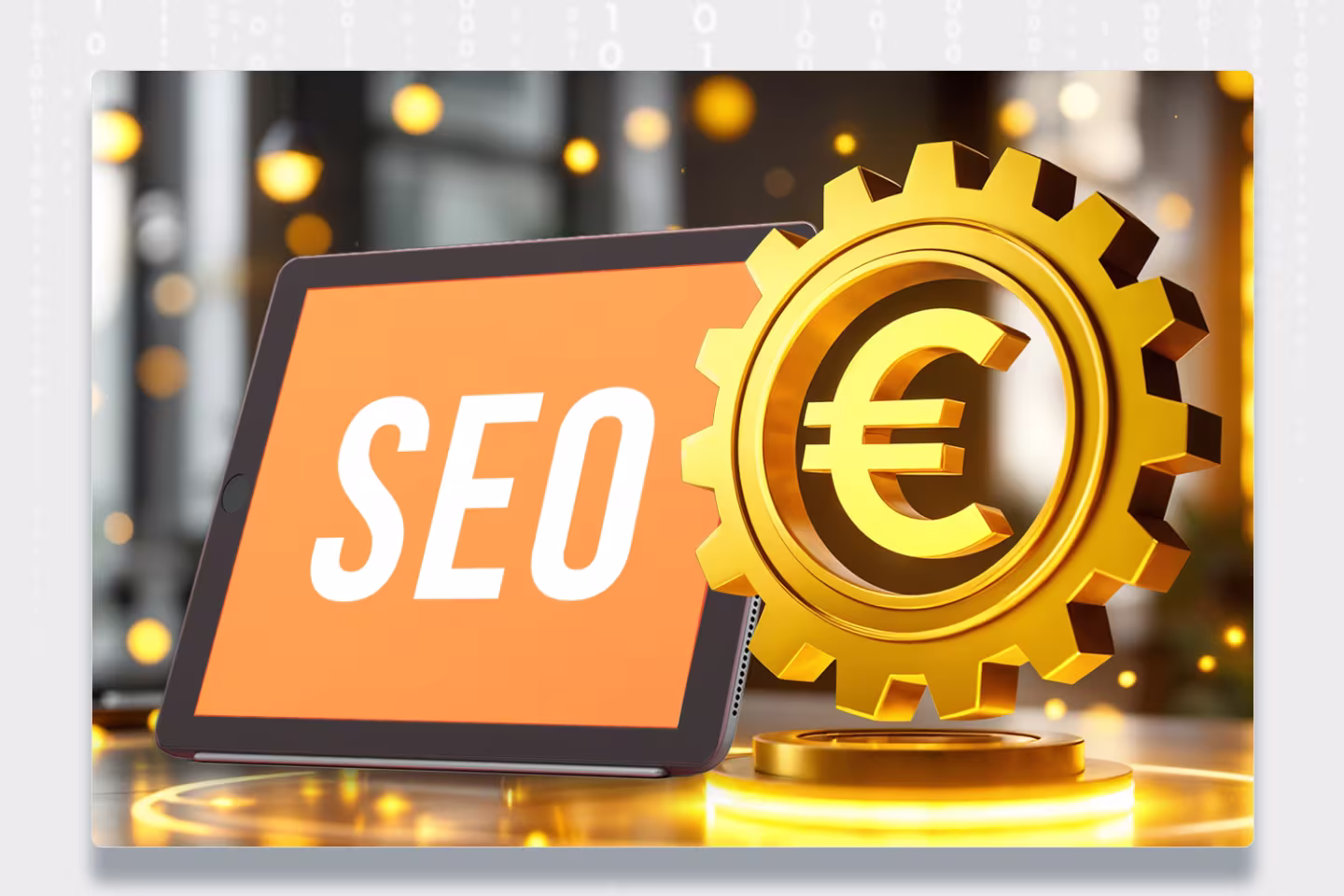 Laptop mit SEO-Display und goldenem Euro-Symbol zeigt Technical SEO Kosten und Preise für professionelle technische Website-Optimierung und Consulting
