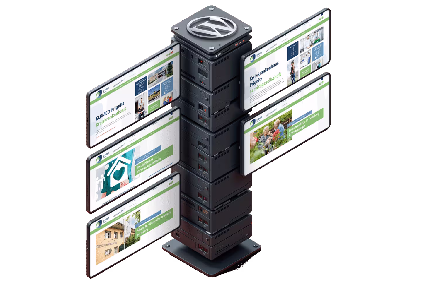 Rechner mit 5 Webseiten daneben, symbolisch für WordPress-Multisite-Systeme