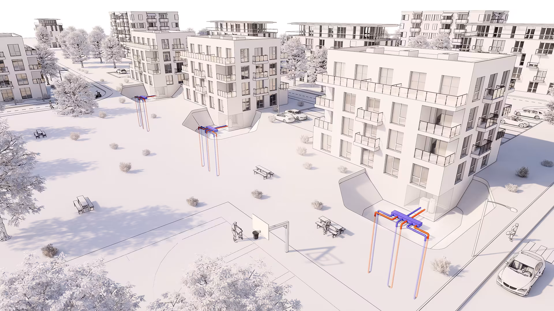 Erdsonden und Geothermie - visualisiert als Architekturrendering