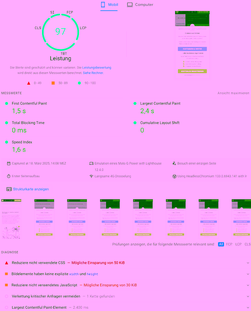 PageSpeed Insights Unterseite