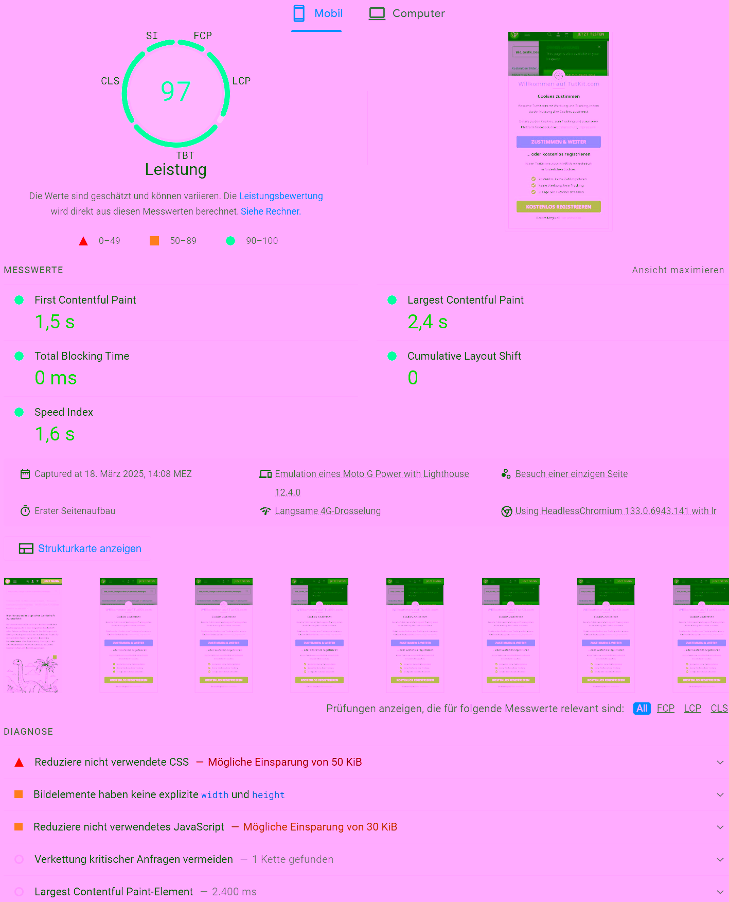 PageSpeed Insights subpage