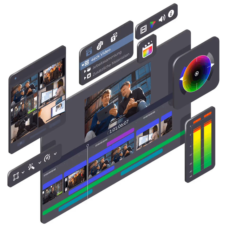 Professionelle Videobearbeitung mit Timeline, Farbkorrektur und Multicam-Schnitt – 4eck Media Workflow