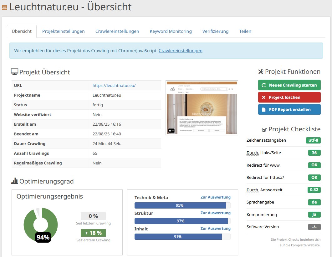 Seobility SEO-Audit für LeuchtNatur: Übersicht mit 94 % Optimierungsgrad, technischer Analyse und Crawling-Daten