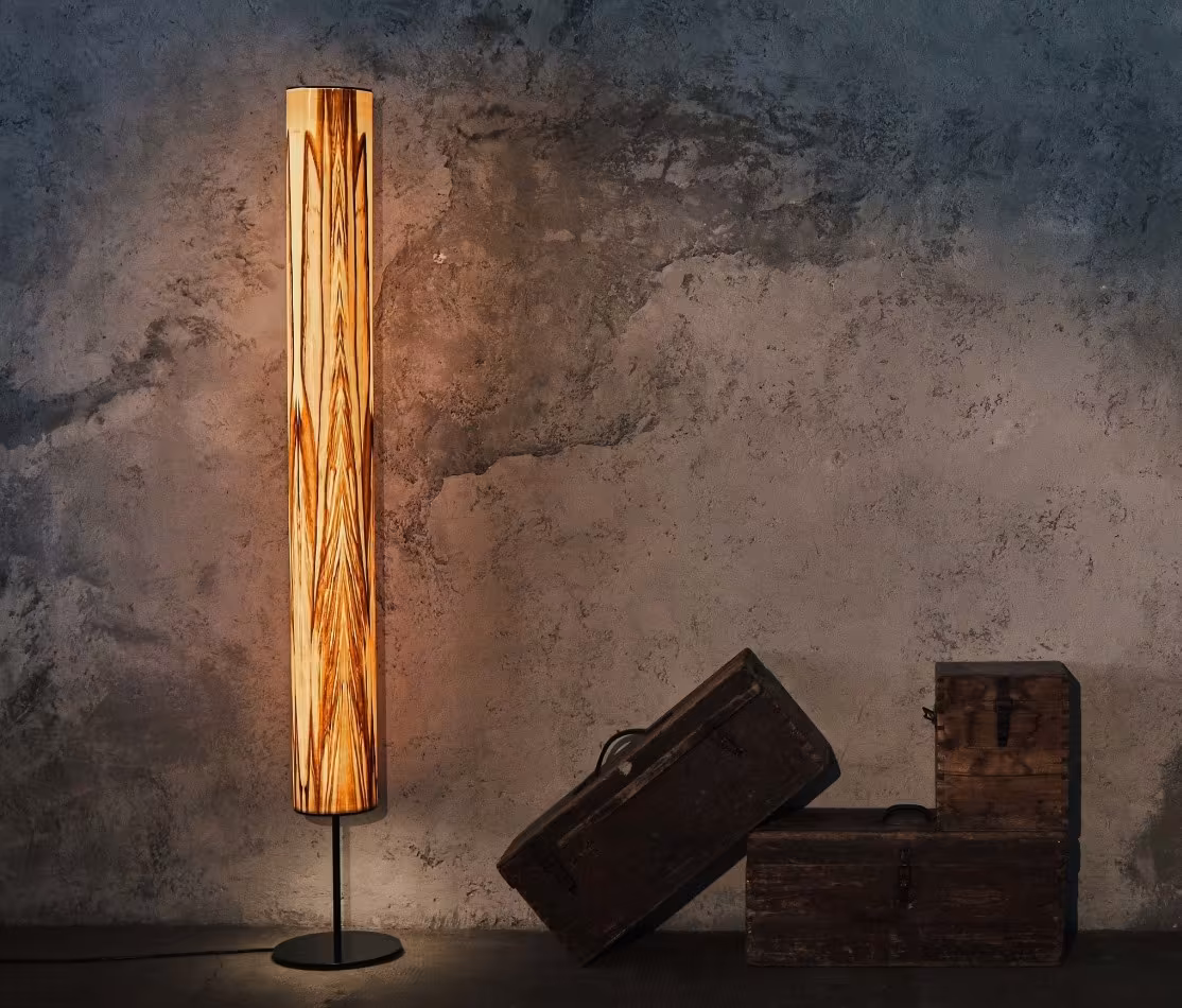 Walnut floor lamp by LeuchtNatur: handcrafted design piece made of wood veneer as premium lighting.