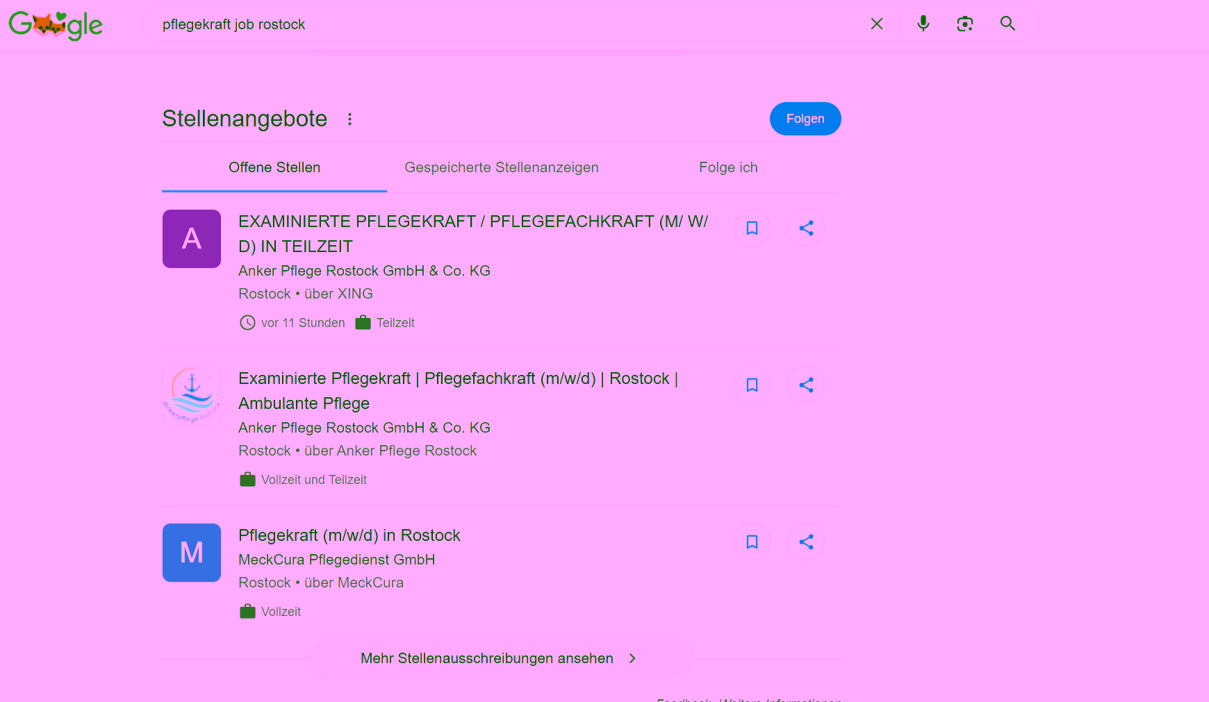 Job listings snippet on Google