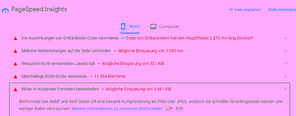 PageSpeed-Insights Empfehlung für AVIF